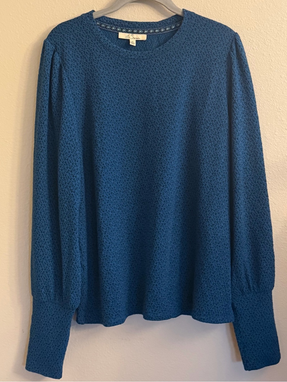 Les Serein Textured Teal Crewneck Sweater with Smocked Cuffs